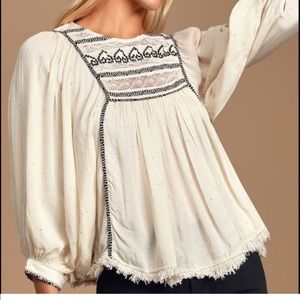 Free people cream and navy flowy sleeves top